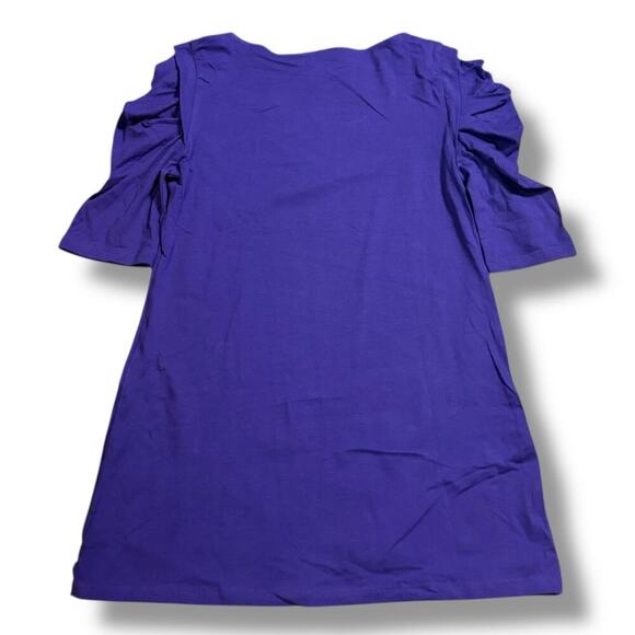 Y2K NOS TCU Mini Sheath Dress Womens Purple White Logo Ruffle Sleeves Size L - Picture 2 of 6